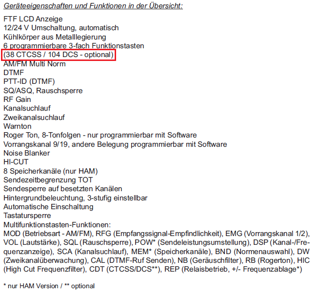 Geräteeigenschaften aus der Bedienungsanleitung zu CTCSS