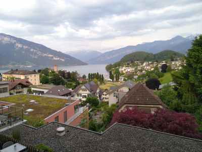 Aussicht auf den Thunersee Richtung Interlaken vom Hotelbalkon