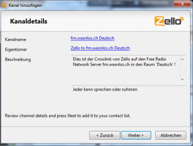 Zello Kanaldetails von 'frn.wasnlos.ch Deutsch'