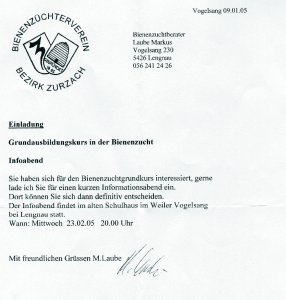 Einladung zum Infoabend des Imkerkurses 2005/2006