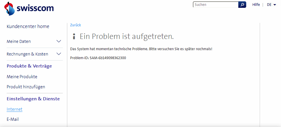 Fehlermeldung im Kunden-Login der Swisscom beim Versuch die WLan Einstellungen zu ändern